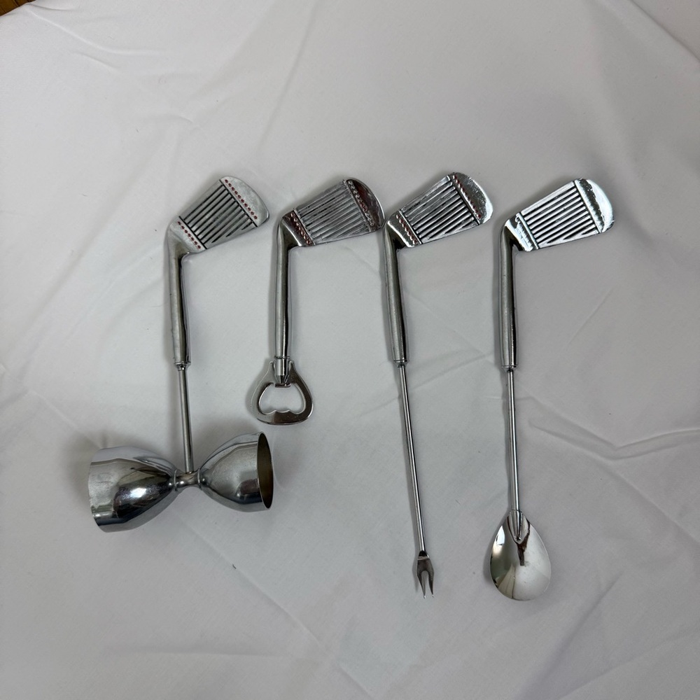 Vintage Silver Metal Golf Club Bar Tool Set